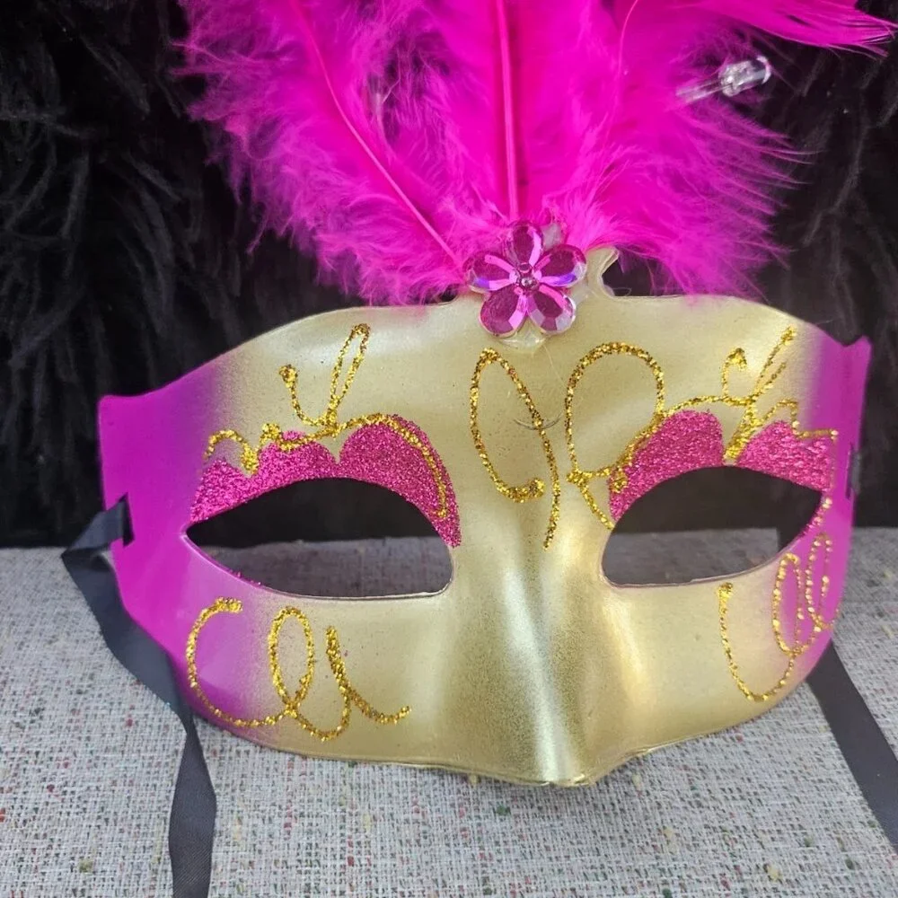 Party Mask Light Up Deep Pink Fuax Feather Masquerade Pink/Gold Face Mask New